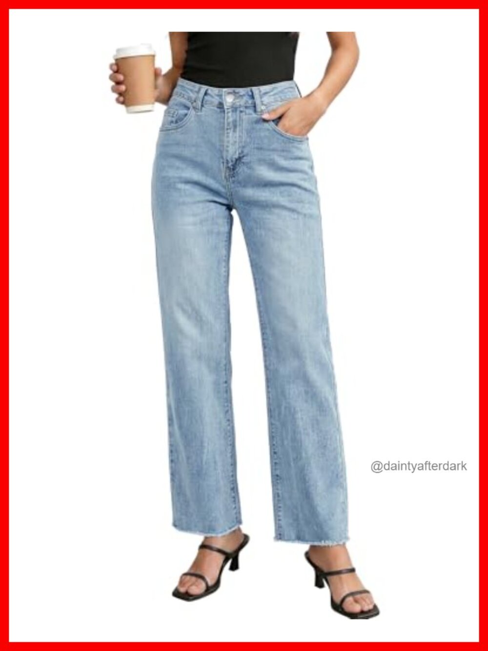 High Waisted Straight Leg Jeans Raw Hem Stretchy Denim Pants